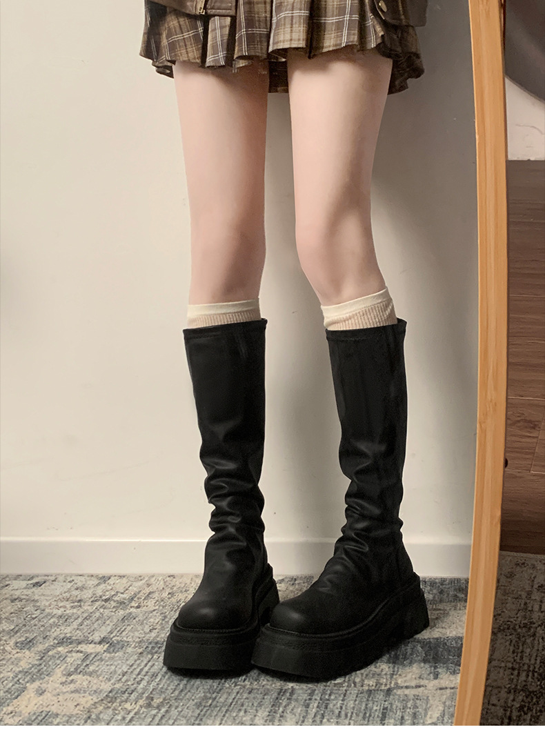 Black Knee-high Platform Boots For Women Thick Soled Knight Style_voghion.com