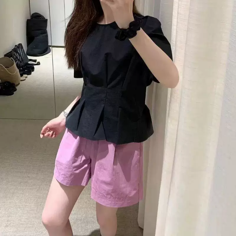 收腰显瘦纯色小衫女2024夏季时尚新款韩国减龄百搭泡泡袖上衣