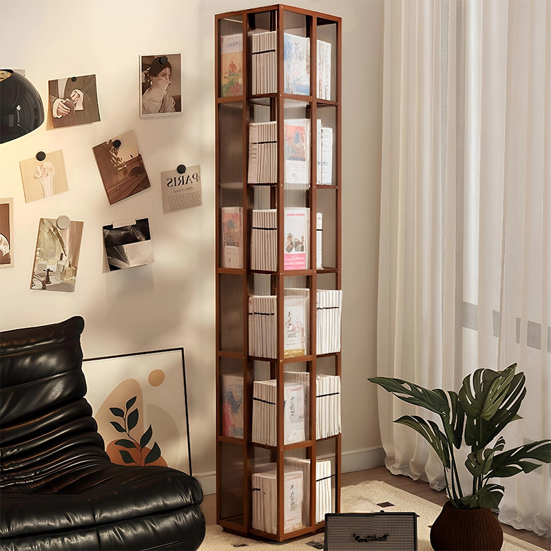 Estante de libros giratorio sala de estar estante de piso Nan bambú Gabinete de visualización 360 grados contra la pared Gabinete de esquina almacenamiento armario