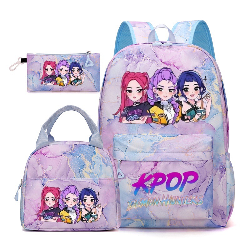 Korean Drama Demon Slayer Backpack Lunch Bag Pencil Case Set Student Three-Piece School Bag Pen Case Lunch Bag