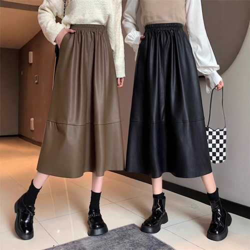 Designers' Black Medium-Length PU Leather Skirt for Women Autumn and Winter Plus Size Heavyset MM High-Waist Slimming Umbrella Skirt Elegant Semi-Body Skirt