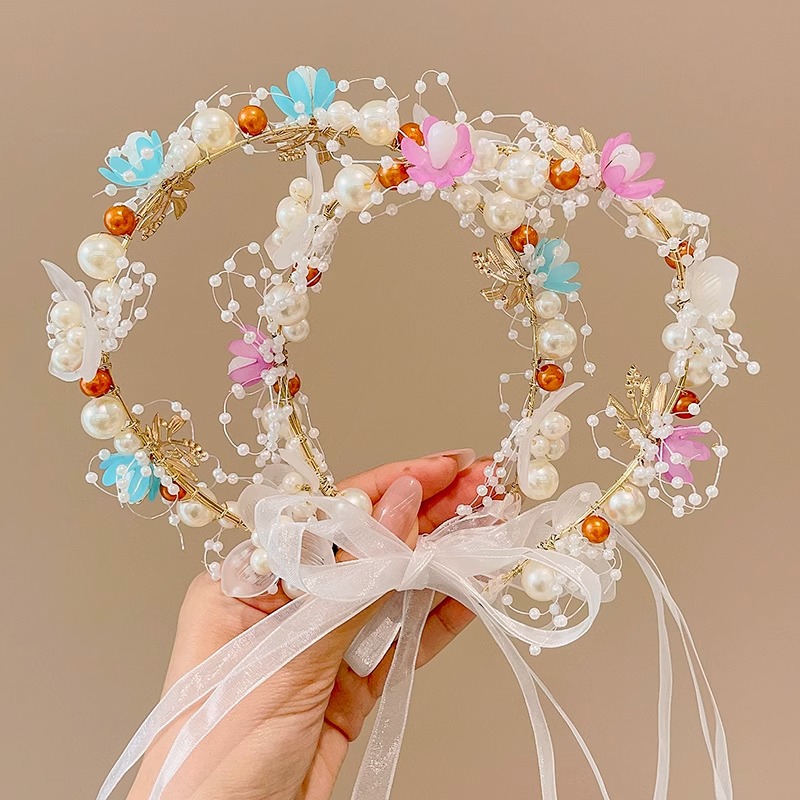 Guirnaldas de niños princesa joyeros de cabello super niña flores perlas flotantes tocado dulce mariposa banda de cabello roja