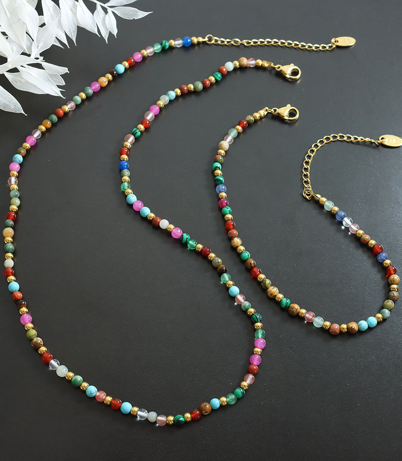 Fashion Round natural stone Titanium Steel Beaded Plating Bracelets Necklace 1 Piece