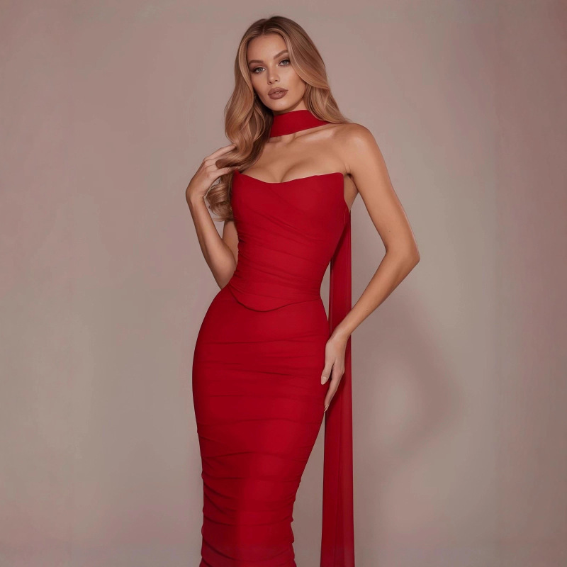 2025 New European and American Cross-Border Women's Clothing Holly Red Pure Lust Style Sexy Slim Fit Tube Top Hip-Covering Extended Three-Piece Set 2025 New European and American Cross-Border Women's Clothing Holly Red Pure Lust Style Sexy Slim Fit Tube Top Hip-Covering Extended Three-Piece Set