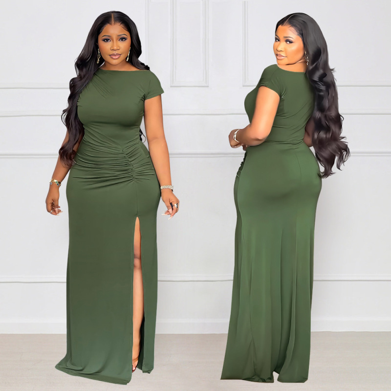 10529 cross-border European and American temperament boat collar shoulder slip short sleeve dress waist side pleated design hip split