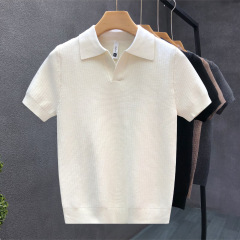 夏服ファッション純色シンプル通気ニットポットシャツレトロ半袖男性カジュアル襟折り上着ブーム