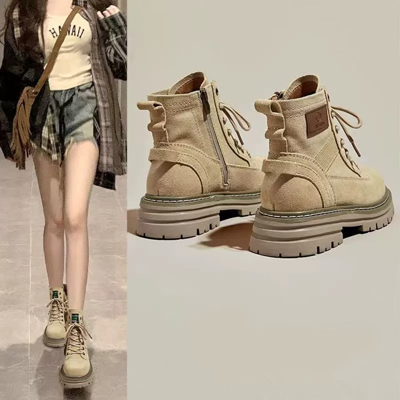 Ботинки Мартин 2025: осенне-зимние, в британском стиле, на толстой подошве, универсальные, короткие, из замши с флисом, женские, увеличивающие рост, стройнящие, водонепроницаемые, на платформе.