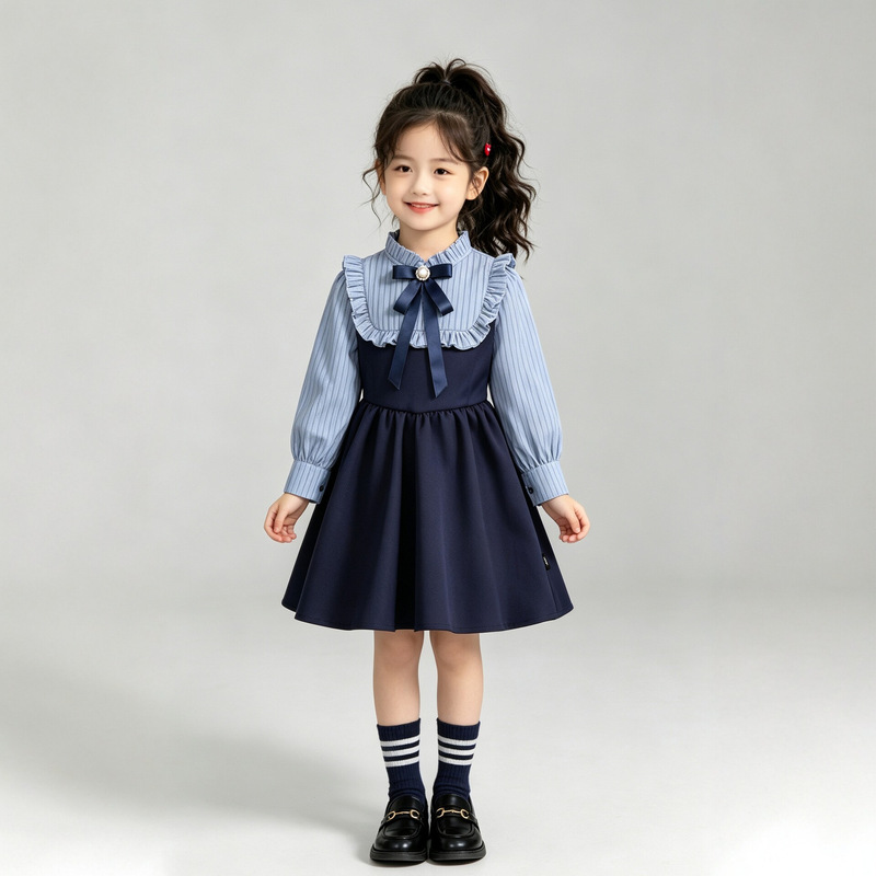 2026 Spring and Autumn New Girls' College Style Two-in-One Dress, Blue and White Stripes with Beautiful Bow, Long Sleeve Princess Dress