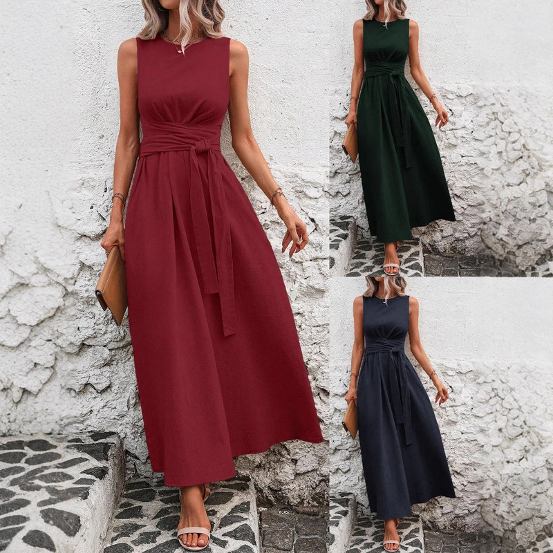 Women's Solid Color Round Neck Waist Tie Pocket Sleeveless Loose Casual Dress with Elegant Tie-Up Long Design in Ice Silk with a Wrinkled Texture