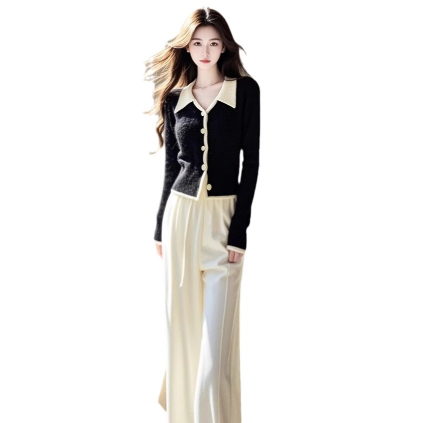가을은 세트 겨울 통근 검은 색 대비 스웨터 넓은 다리 바지를 일하기 위해 세련된 외국식 여성 의류 세트를 착용하십시오.