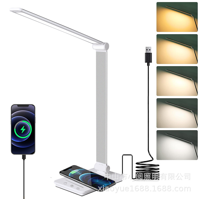 Lámpara de Escritorio con Carga Inalámbrica y Protección Ocular, Estilo Americano, Plegable, LED, para Dormitorio, Estudio, Lectura, Regulable