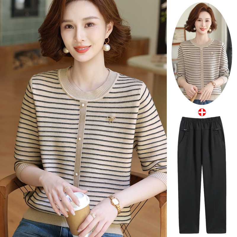 Mom's Spring Knit Cardigan Fashion Striped Base Shirt 2026 New Style Middle-Aged Women's Spring and Autumn Elegant Outfit Mom's Spring Knit Cardigan Fashion Striped Base Shirt 2026 New Style Middle-Aged Women's Spring and Autumn Elegant Outfit