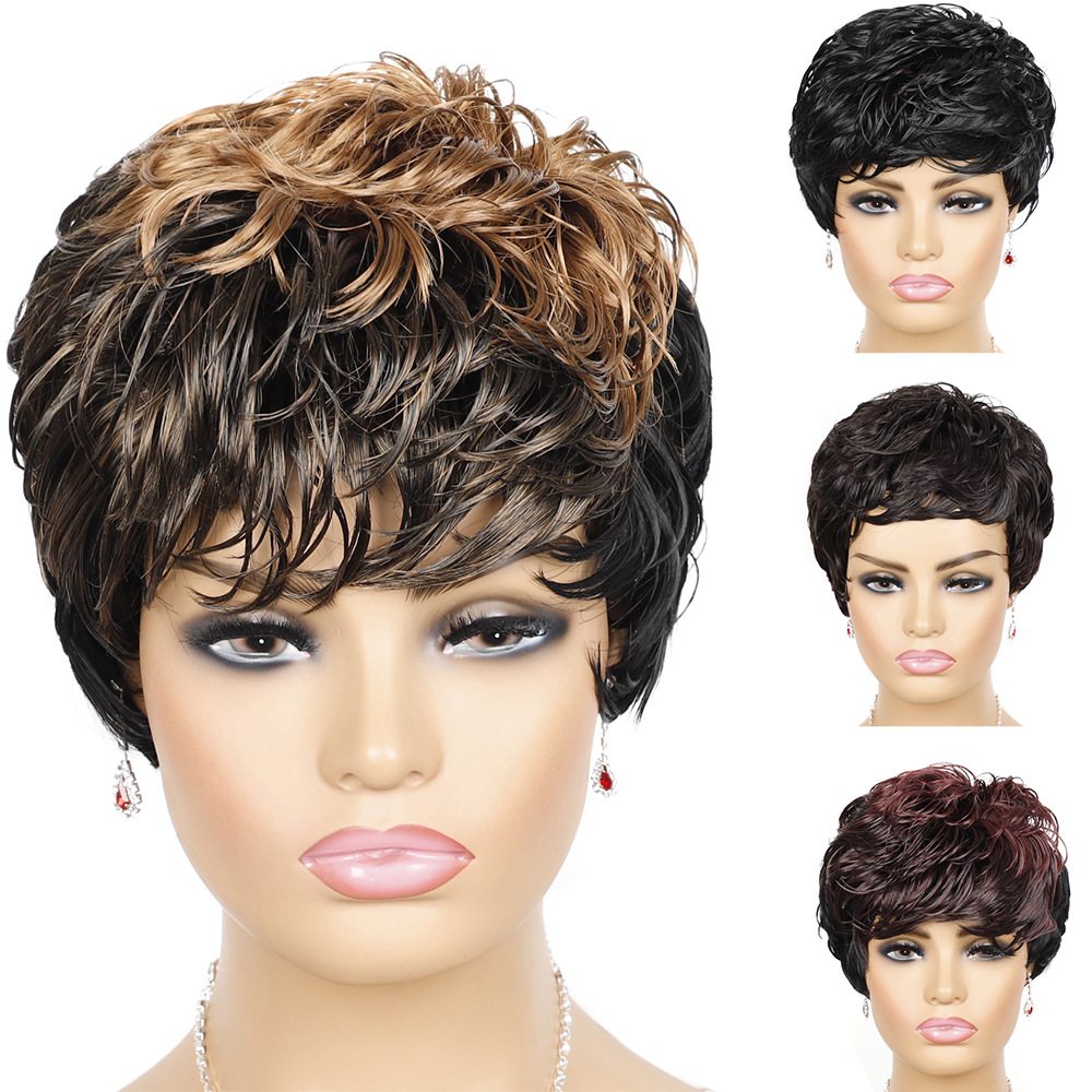 Parrucca sintetica Capelli corti ricci tinti con frangia colorata Fascia corta da donna_voghion.com