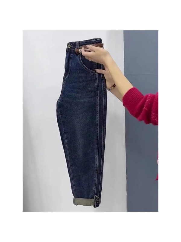 大码弹力哈伦牛仔裤女春夏胖mm小个子高腰显瘦九分直筒萝卜老爹裤|undefined
