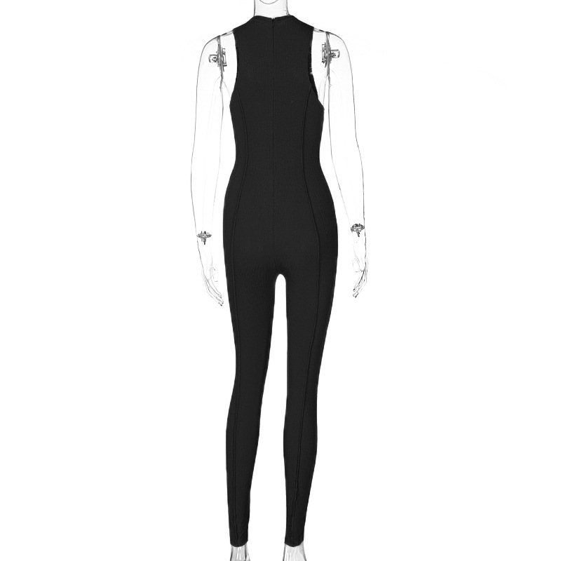 Fashion Solid Color Spandex Polyester Full Length Zipper Jumpsuits