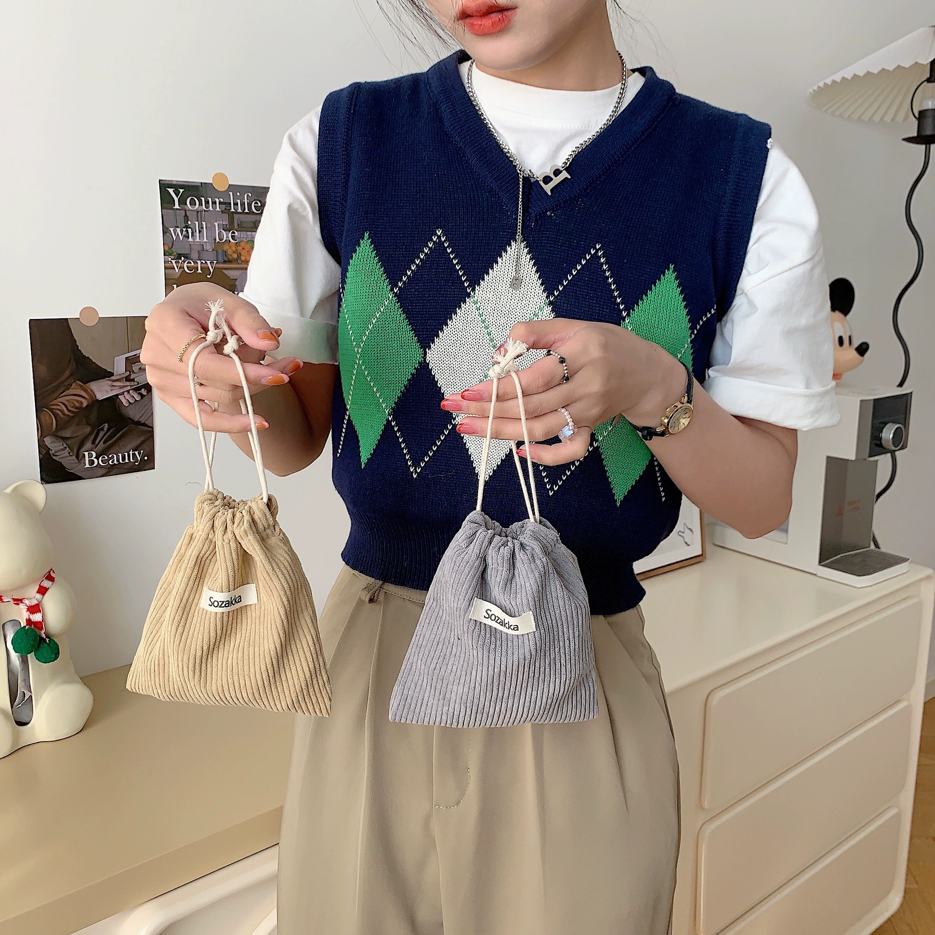 Storage bag, cosmetic bag, handheld capacious shoulder bag, drawstring
