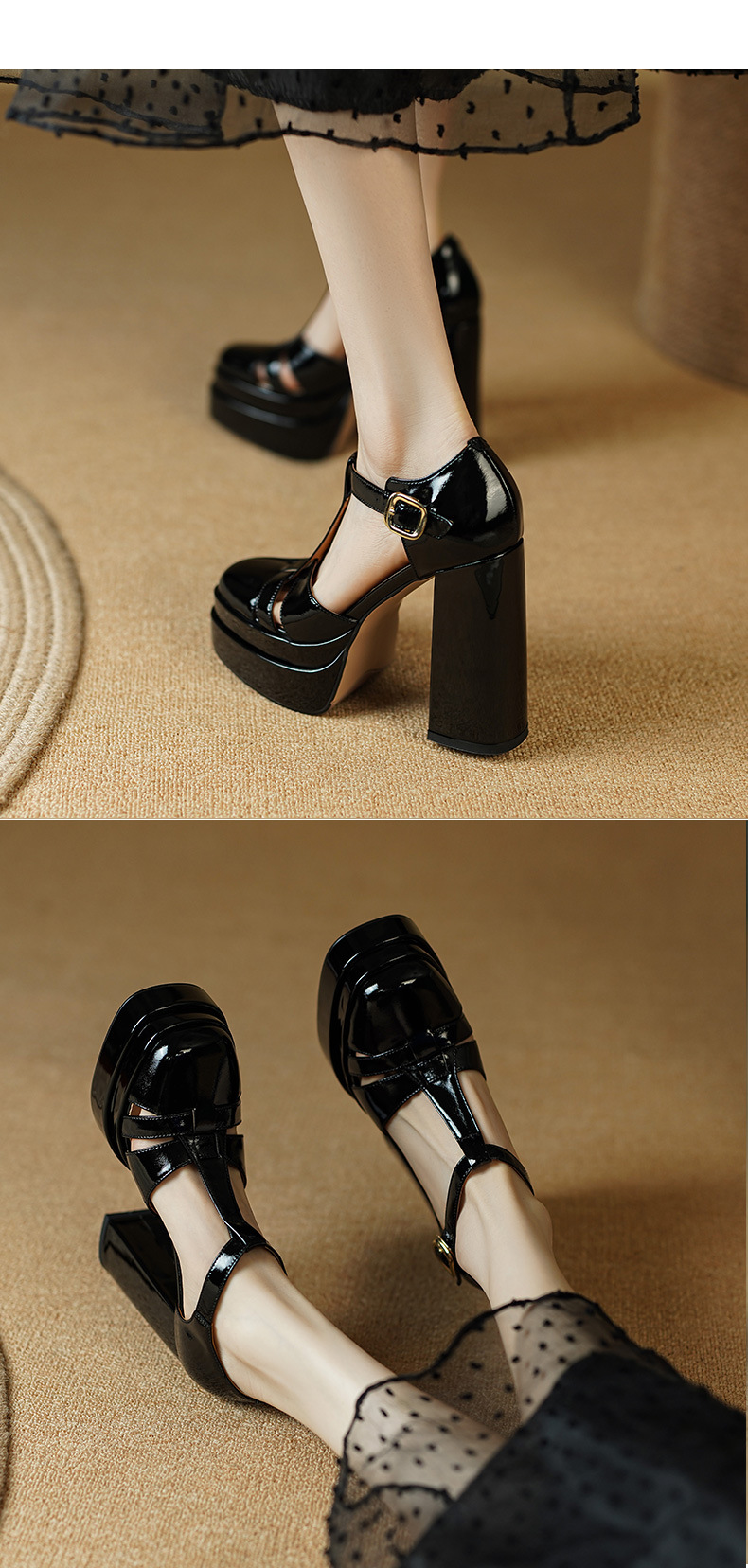 Sandal cao gót nữ quai chữ T mũi kín, gót vuông 12 cm, phong cách Âu Mỹ — Màu đen chi tiết 4