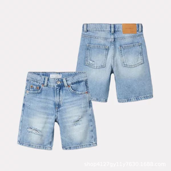 2024 Spring and Summer New Blue Black Denim Boys and Girls Children's Clothing High Waist Shorts Casual Breathable Wear-Resistant and Comfortable