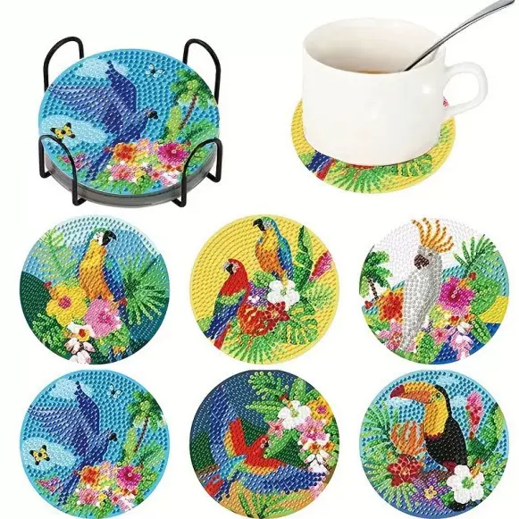 钻石画diy杯垫 鹦鹉跨境爆品带铁杯架木质圆形隔热餐垫手工贴画