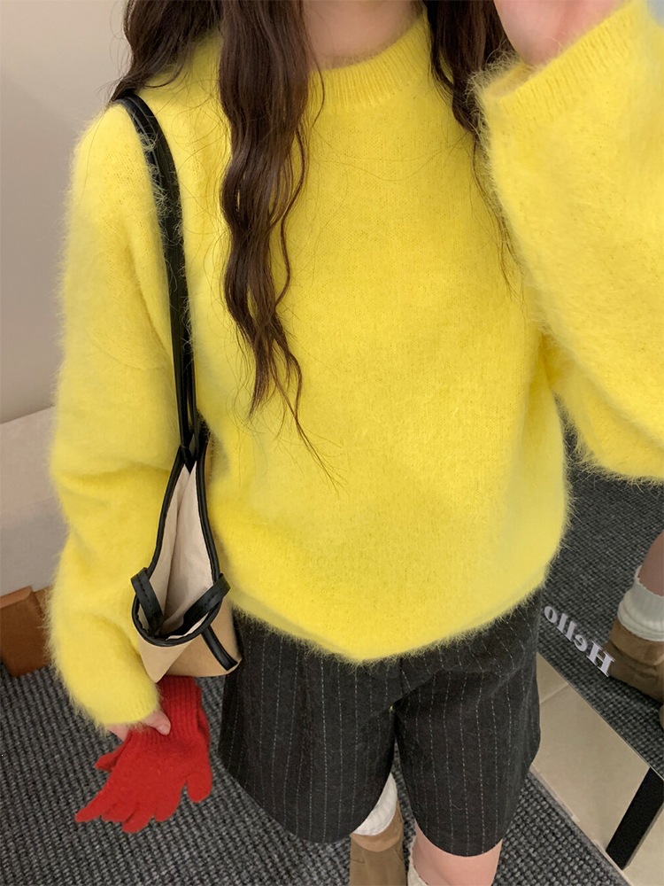 Egg Yolk Yellow Milk Fufu Mink Fur Pullover Sweater for Women, New Autumn/Winter Style, Round Neck, Loose Fit, Soft and Thick Knitted Sweater