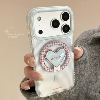 蓝红条纹适用苹果17promax手机壳15韩系iPhone16爱心磁吸支架14软