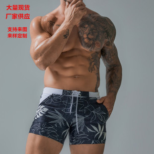 Cross-border European and American sexy men's four-point boxer printed swimming trunks lace-up plus-size swimming trunks beach pants with lining