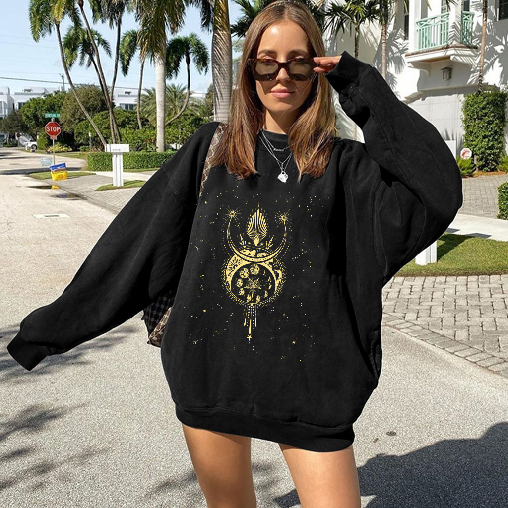 women s dropped shoulder round neck moon phase five-pointed star pringting fleece sweatershirt nihaostyles wholesale clothing NSYUM79717