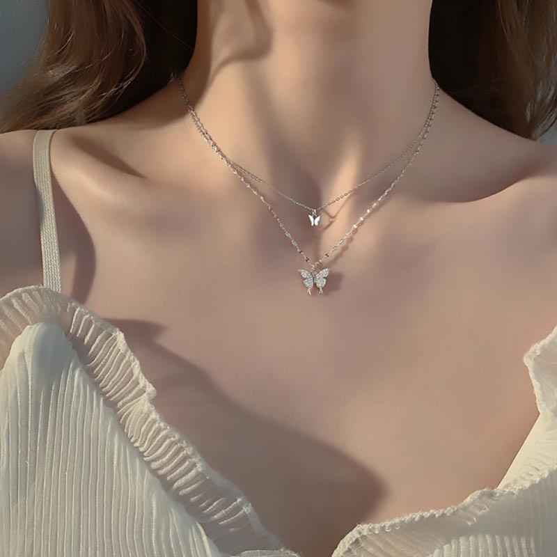 S925 Silver Butterfly Necklace Women's Exquisite Double Layered Wear Light Luxury Small Design Clavicle Chain 2022 New Jewelry