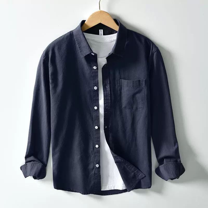 L969 японская однотонная Повседневная рубашка с длинным рукавом, Мужская свободная дышащая рубашка из хлопка и конопли, Мужская цельная шерсть