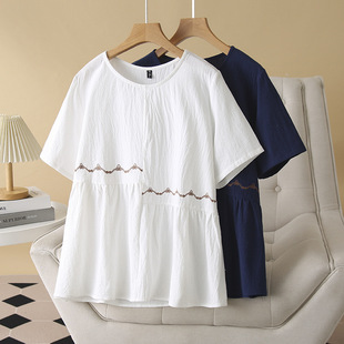 2025 summer new embroidered cotton shirt short sleeve plus size women's 200kg crew neck fat sister T-shirt Joker coat 001