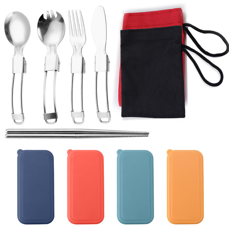 In-stock 304 stainless steel outdoor folding cutlery set, foldable camping utensils, portable gift