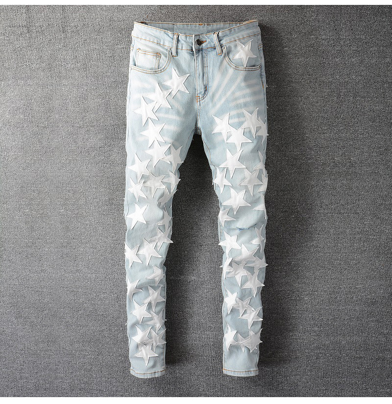 Jean homme slim fit élastique avec trous aux genoux et étoiles_voghion.com