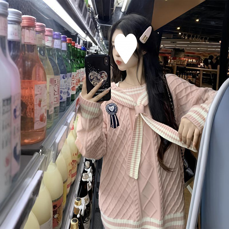 Plus Size Navy Collar Preppy Style Knitwear for Women Autum 2024 New Sweet and Gentle Knitted Knitwear Slimming Look and Flesh-Covering Top