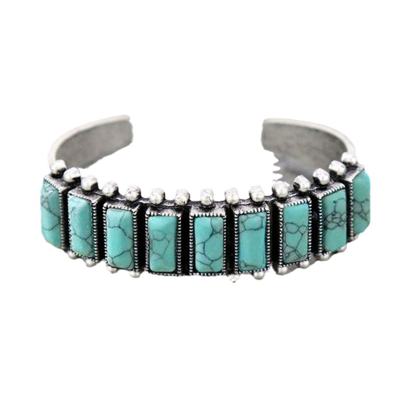 Nuevo Xizango geométrico cuadrado turquesa pulsera vintage transfronterizo tallado metal abierto pulsera viaje angustiado estilo étnico