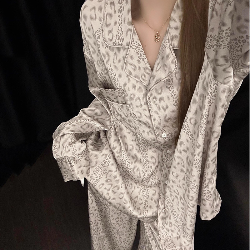 Spring and Autumn Breathable New Ice Silk Long-Sleeve Long-Pants Pajamas for Women, Leopard Print Korean Style Ins-Style Loungewear in Stock