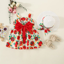 女童连衣裙2023夏季童装新款番茄印花背后蝴蝶结跨境吊带童裙带帽