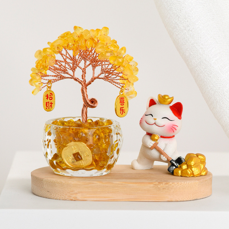 Wholesale natural citrine tree, white cat God of Wealth crystal money tree, fortune tree, office desk decoration