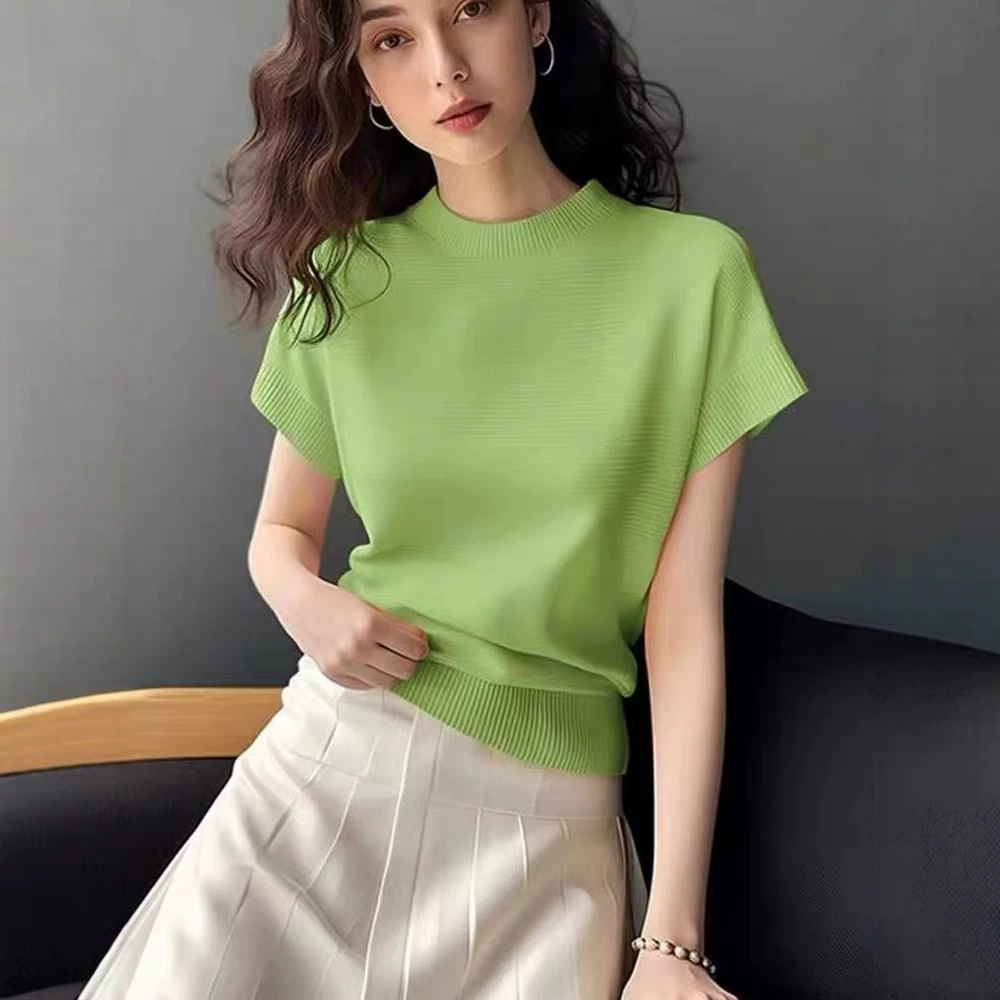 Áo thun nữ tay ngắn cổ tròn phom thẳng vai độc đáo — xanh lá cây chi tiết 1