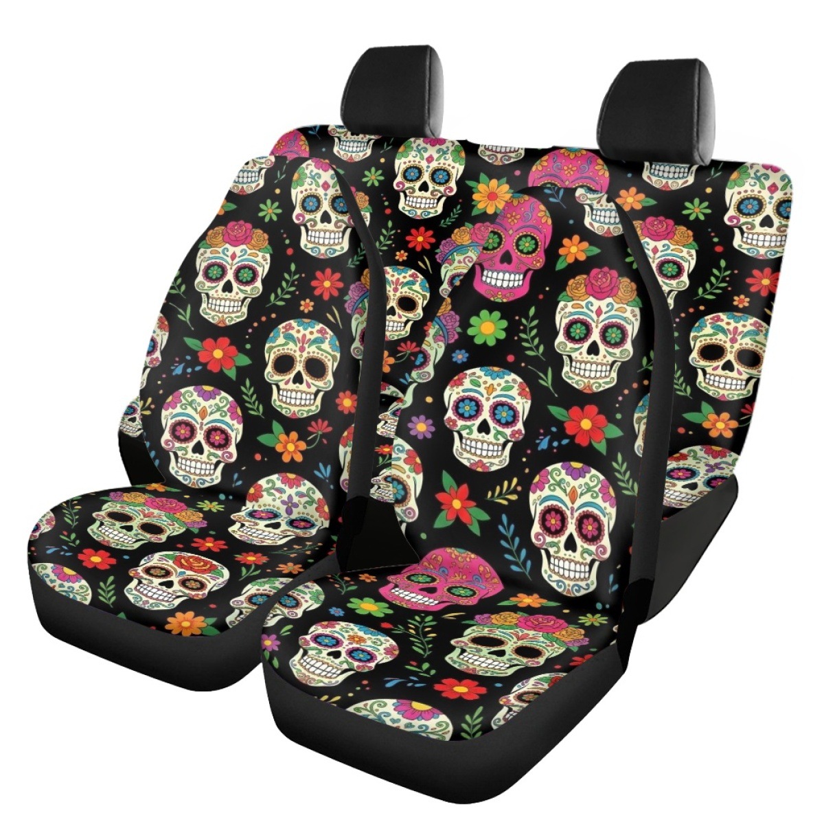Cross-border Halloween-themed sugar skull pattern custom car seat covers, breathable and universal car seat cushions