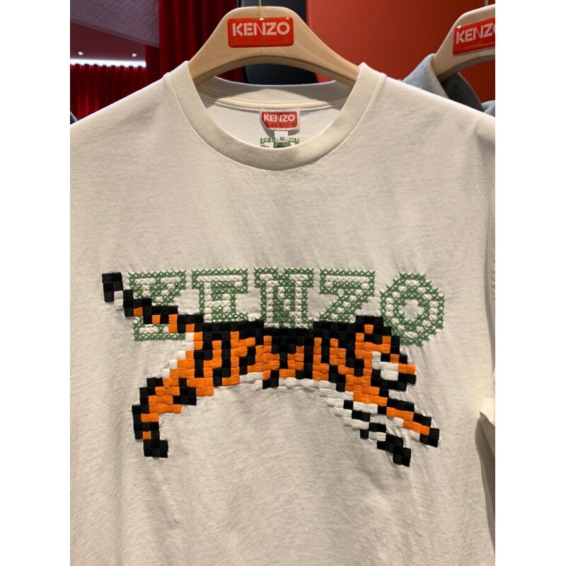 In Stock Kenzo 26 New Spring/Summer Pixel-Style Tiger Letter Embroidery Round-Neck Pullover Short-Sleeve T-Shirt Couple's Style