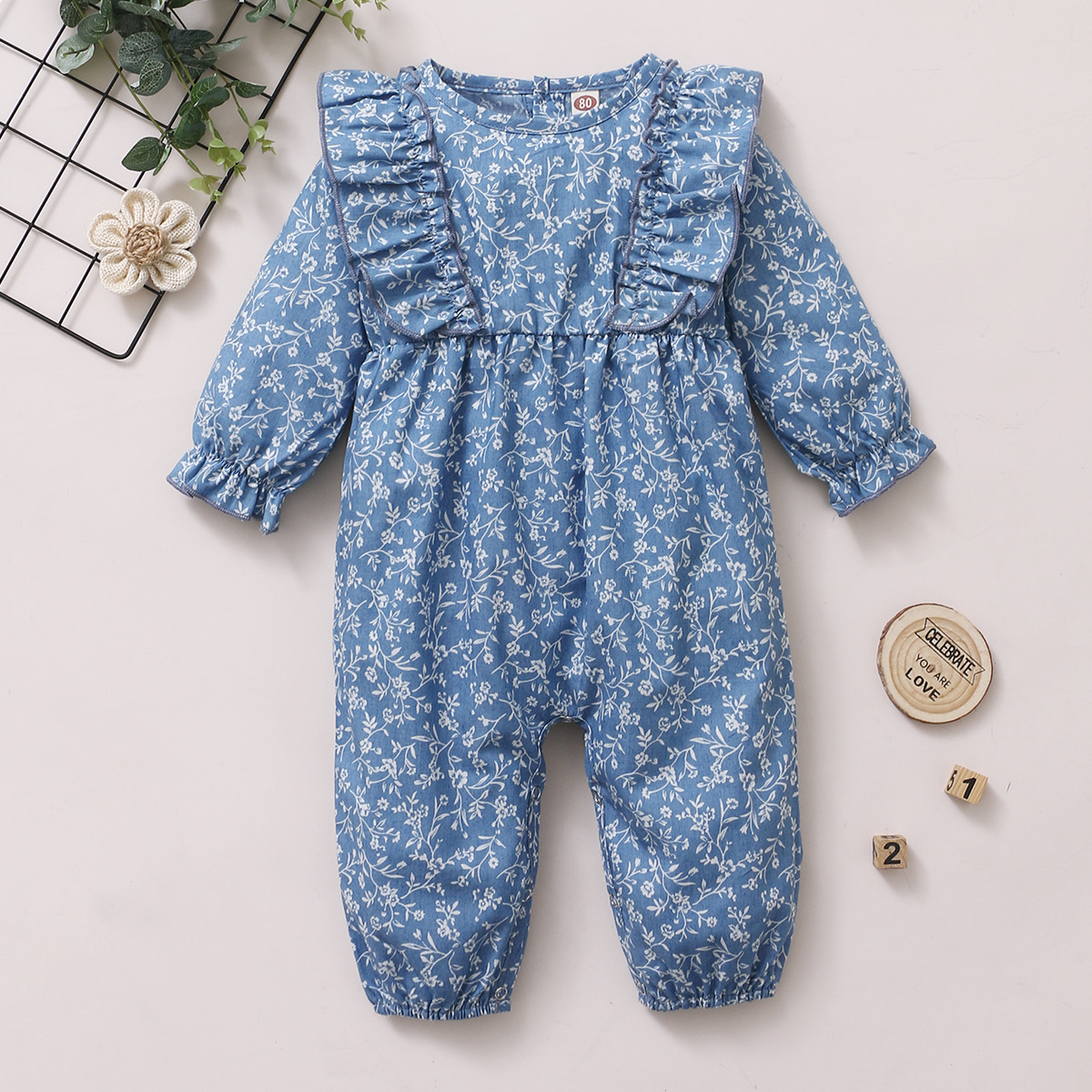 Autumn Cotton Long-sleeved Floral Lotus Leaf Long-sleeved Children One-piece Romper display picture 4