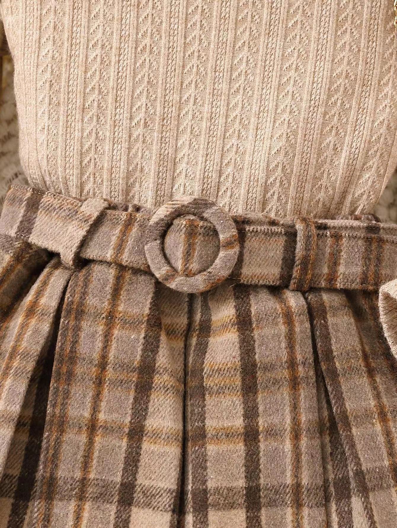 Stipendio del tesoro abbigliamento per bambini ragazze autunno e inverno cappello con cintura gonna a pieghe scozzese a maniche lunghe lavorato a maglia_voghion.com