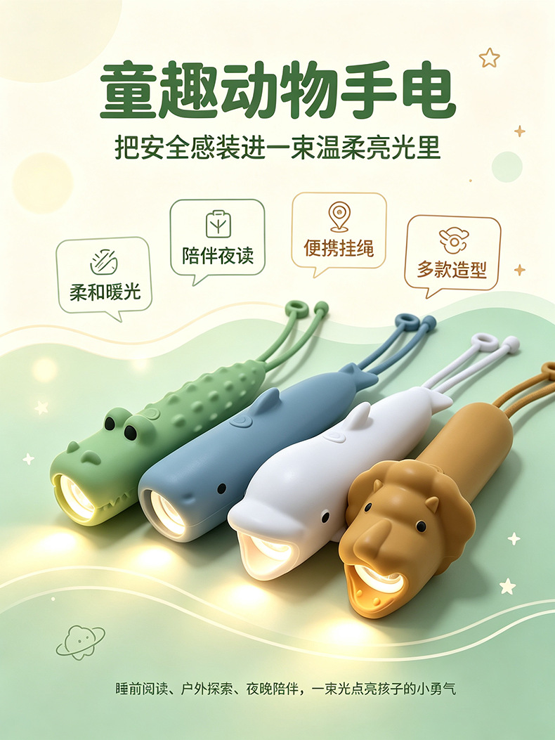 Cute Shark Crocodile Puppy Silicone Flashlight Mini Children's Student Outdoor Home Rechargeable Cartoon Night Light