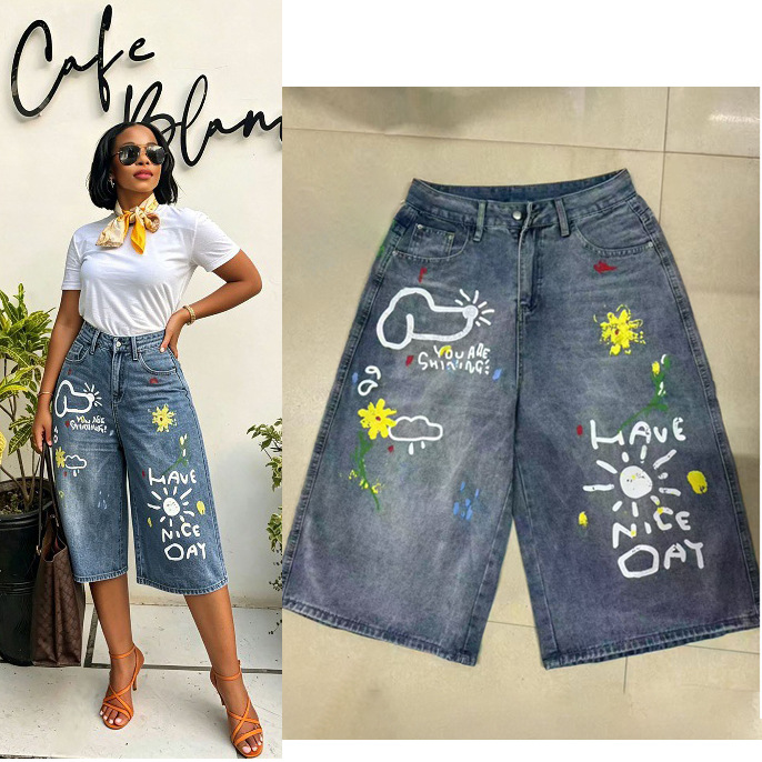 New Women's Fun Dog Graffiti Print Cropped Wide Leg Jeans Stylish Casual Denim for Spring Autumn_ecoleips.com