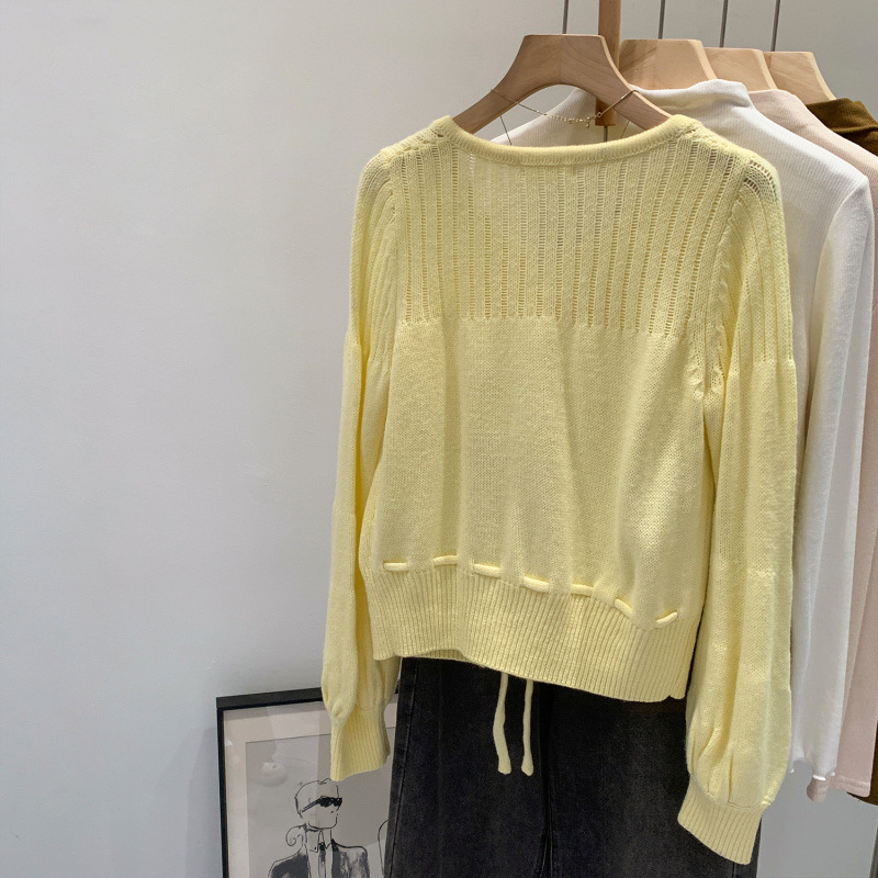 Brand Discount Design Unique Drawstring Lace-Up Round Neck Long-Sleeved Knitted Cardigan Women's 2025 New Single Top