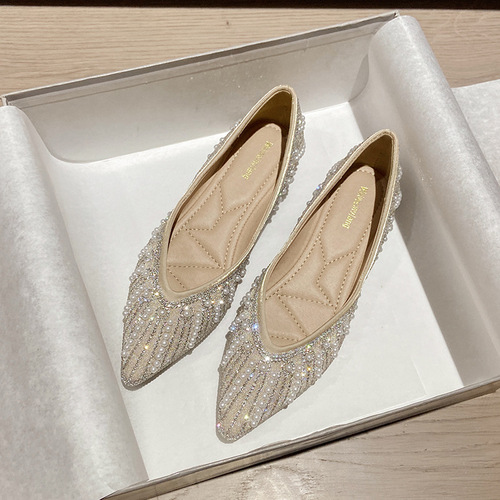  Summer Korean Style Soft Sole Pointed Toe Flat Shoes Pearl Rhinestone Shallow Mouth Scoop Shoes Slip-On Peas Shoes for Women