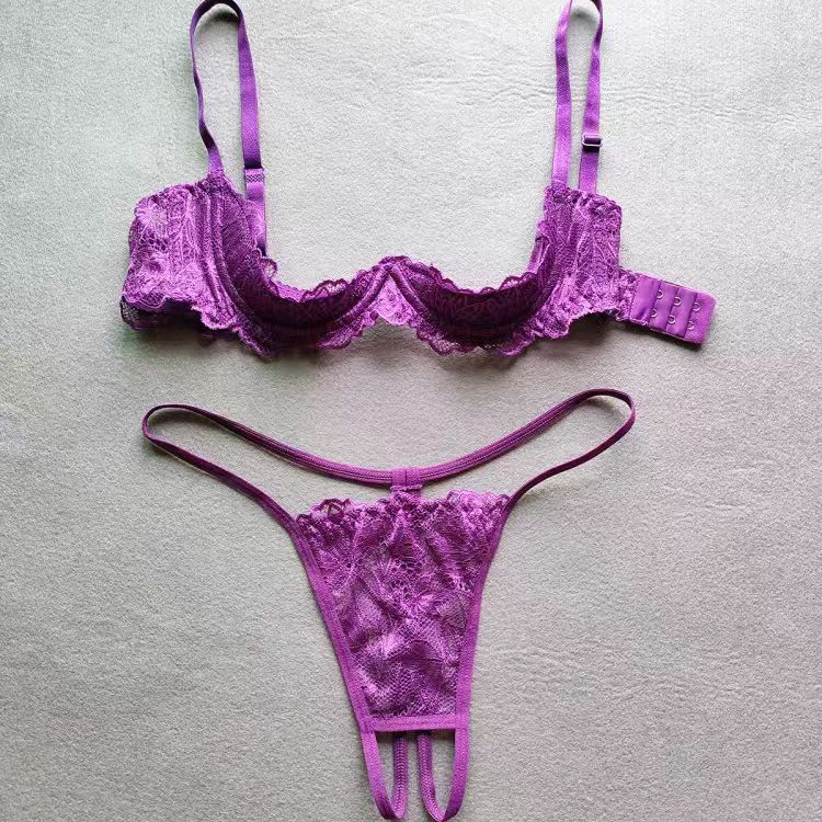 Sexy Lingerie High-End Half-Cup Padded Purple Lace Bra Hot Girl Sexy Temptation Pants Open Crotch Push-Up