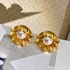 Retro advanced golden earrings from pearl, accessory, French retro style, high-quality style