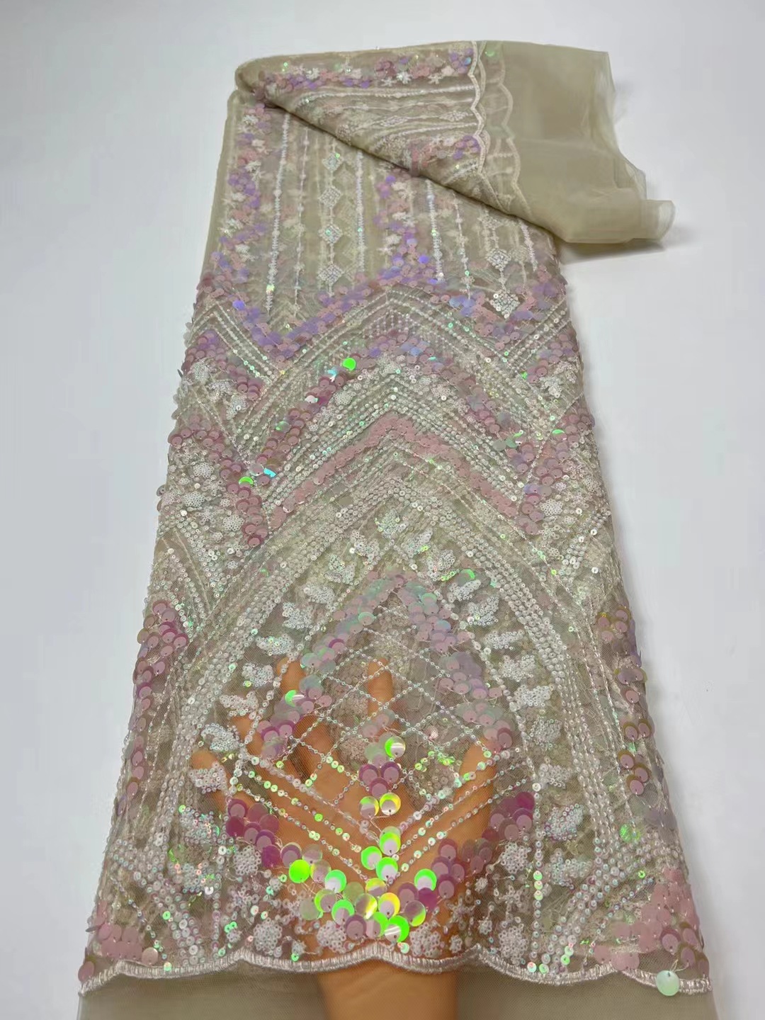 Europa y América colorido lentejuelas máquina bordada azul real encaje vestido de noche vestido de boda teñido encaje tela JX2507