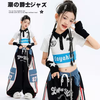 女童爵士舞演出服韩版学院风短袖露脐表演服青春跃动舞台时髦潮服